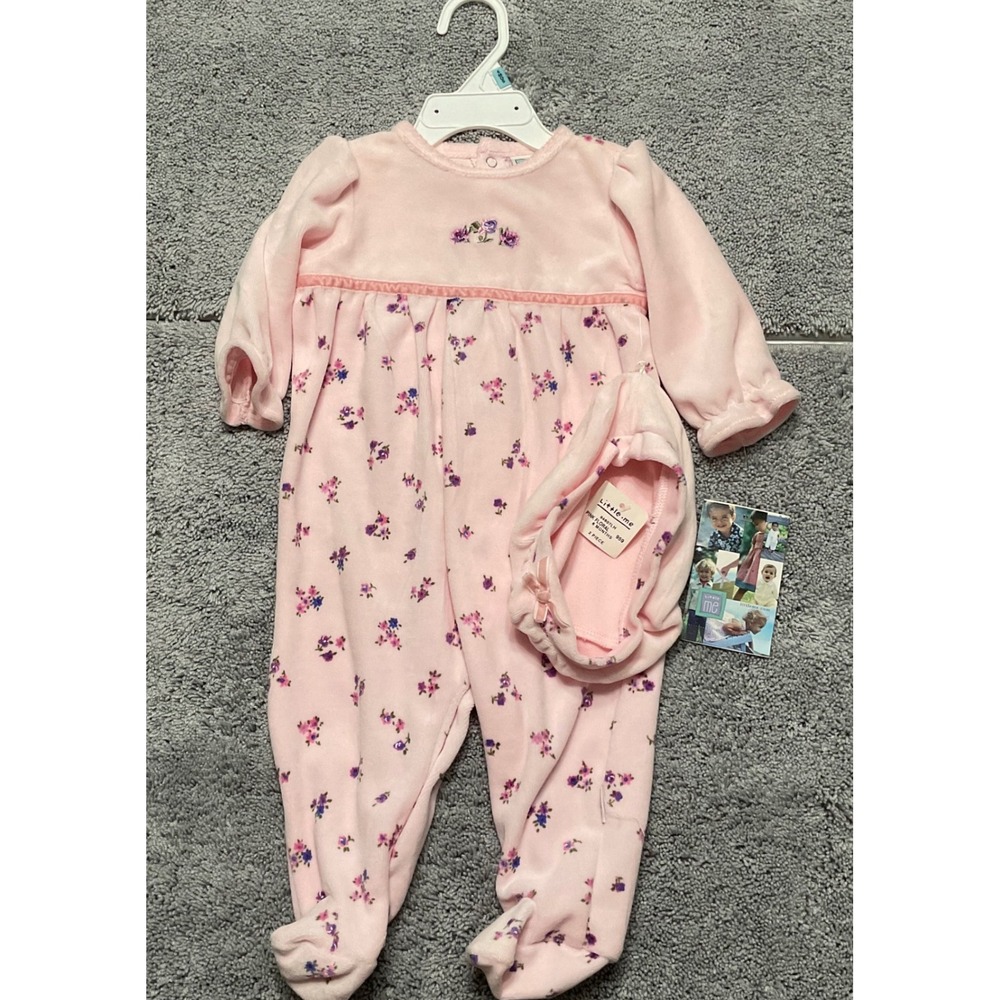 Vintage Little Me Baby Girl Pink Velour Footed Sleeper and Hat Set 6 Months
